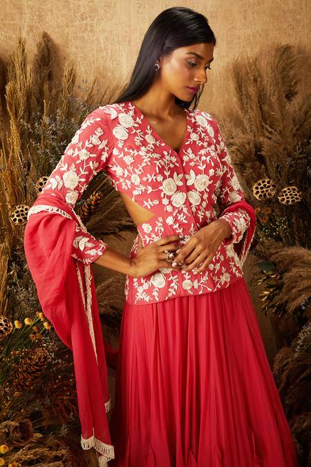 Shloka Khialani_Pink Crepe, Georgette V Neck Embroidered Jacket And Lehenga Set_Online_at_Aza_Fashions