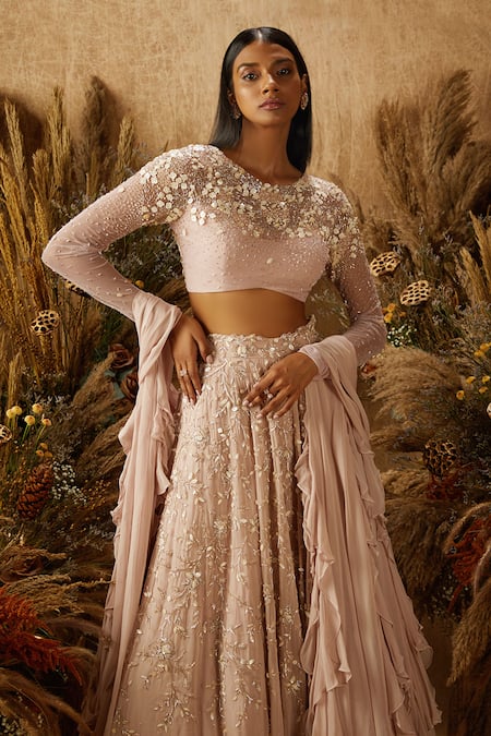 Shop_Shloka Khialani_Pink Net, Crepe, Georgette Round Embroidered Bridal Lehenga Set_Online_at_Aza_Fashions