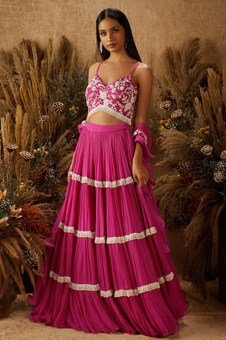 Shop Shloka Khialani Pink Net, Crepe, Georgette Leaf Neck Gathered Lehenga Set at Aza Fashions Shop_Shloka Khialani_Pink Net, Crepe, Georgette Leaf Neck Gathered Lehenga Set _at_Aza_Fashions