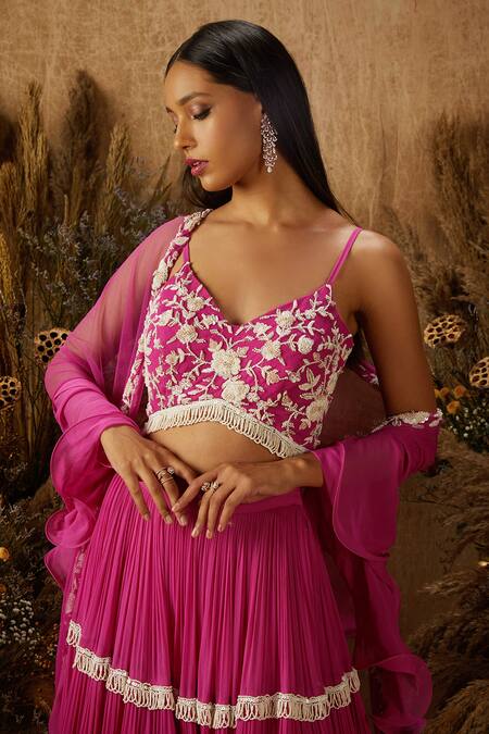 Shloka Khialani Pink Net, Crepe, Georgette Leaf Neck Gathered Lehenga Set Online at Aza Fashions Shloka Khialani_Pink Net, Crepe, Georgette Leaf Neck Gathered Lehenga Set _Online_at_Aza_Fashions