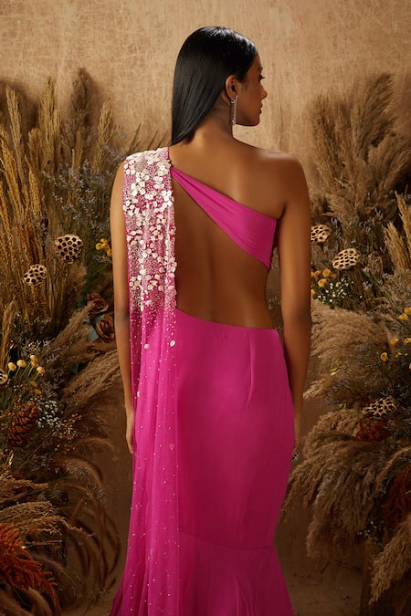 Shop_Shloka Khialani_Pink Net, Crepe, Georgette One Shoulder Cutout Gown With Dupatta _at_Aza_Fashions