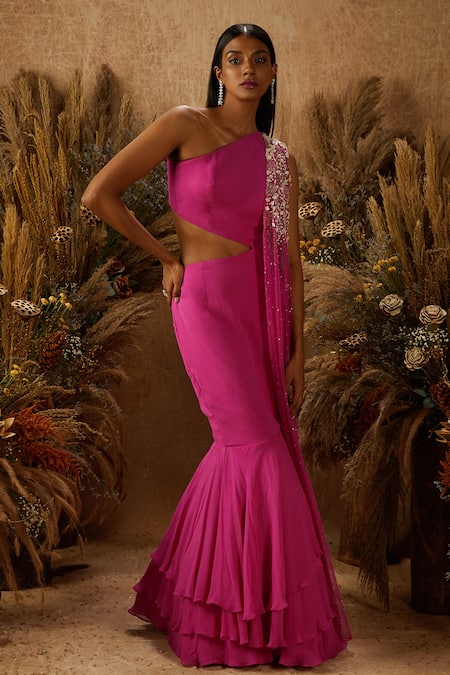 Shloka Khialani_Pink Net, Crepe, Georgette One Shoulder Cutout Gown With Dupatta _Online_at_Aza_Fashions