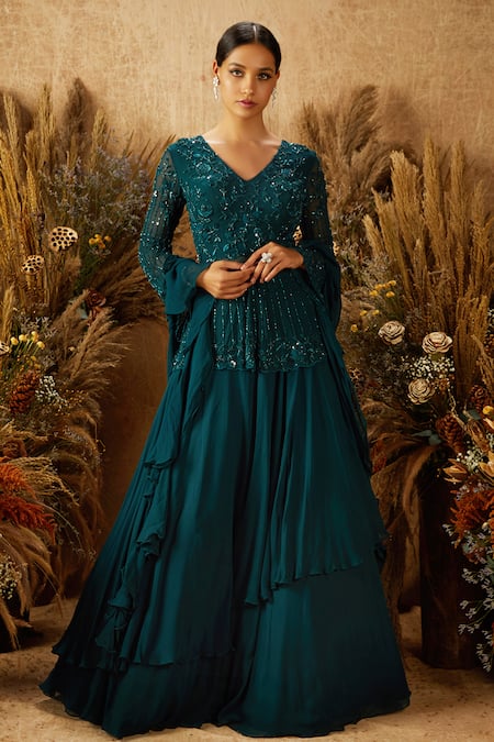 Shloka Khialani Green Crepe, Georgette V Neck Layered Lehenga Set Online at Aza Fashions Shloka Khialani_Green Crepe, Georgette V Neck Layered Lehenga Set_Online_at_Aza_Fashions
