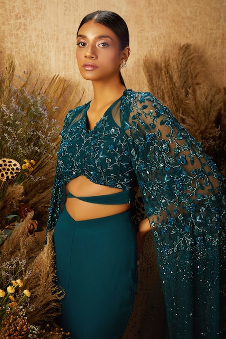 Buy_Shloka Khialani_Green Net, Crepe, Georgette V Neck Embroidered Cape And Lehenga Set _Online_at_Aza_Fashions