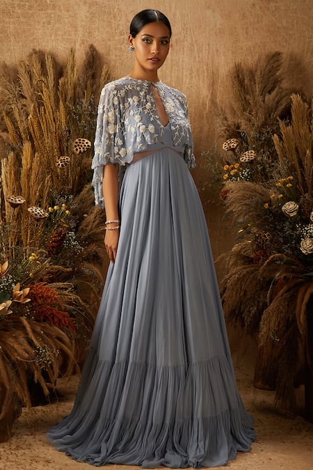 Shloka Khialani Blue Net, Crepe, Georgette Cape Round Gown V-neck Embroidered And Tiered Online at Aza Fashions Shloka Khialani_Blue Net, Crepe, Georgette Cape Round Gown V-neck Embroidered And Tiered _Online_at_Aza_Fashions