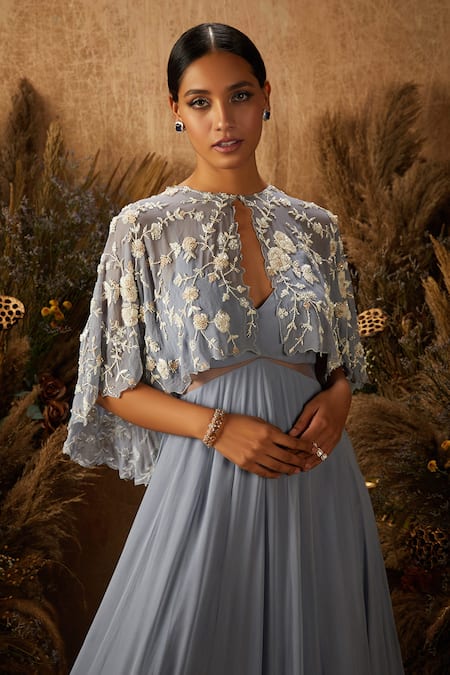 Buy Shloka Khialani Blue Net, Crepe, Georgette Cape Round Gown V-neck Embroidered And Tiered Online at Aza Fashions Buy_Shloka Khialani_Blue Net, Crepe, Georgette Cape Round Gown V-neck Embroidered And Tiered _Online_at_Aza_Fashions