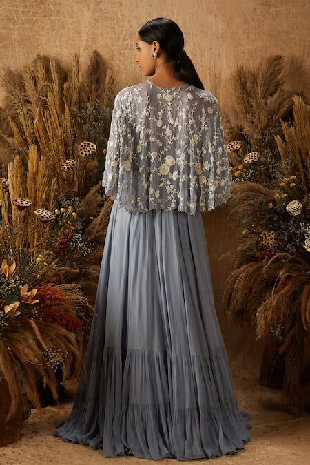Shop Shloka Khialani Blue Net, Crepe, Georgette Cape Round Gown V-neck Embroidered And Tiered at Aza Fashions Shop_Shloka Khialani_Blue Net, Crepe, Georgette Cape Round Gown V-neck Embroidered And Tiered _at_Aza_Fashions