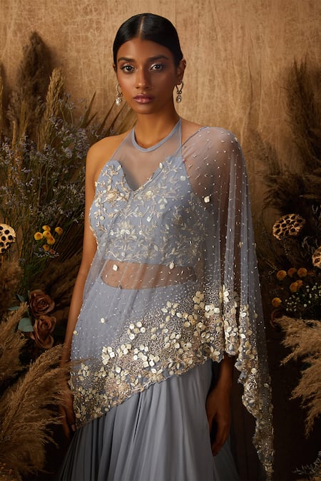 Shloka Khialani_Blue Net, Crepe, Georgette Round Embroidered Draped Lehenga Saree Set _Online_at_Aza_Fashions