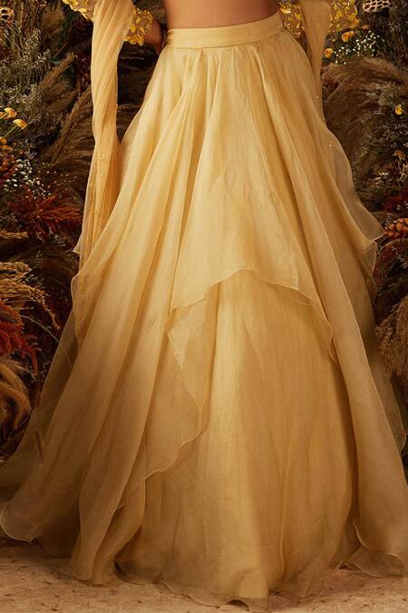Shloka Khialani_Beige Organza, Net, Crepe V Neck Layered Lehenga Set _Online_at_Aza_Fashions