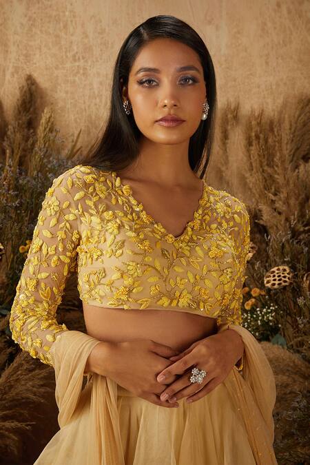 Buy_Shloka Khialani_Beige Organza, Net, Crepe V Neck Layered Lehenga Set _Online_at_Aza_Fashions