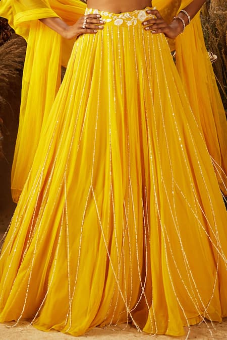 Buy_Shloka Khialani_Yellow Net, Crepe, Georgette Halter Embroidered Lehenga Set _Online_at_Aza_Fashions