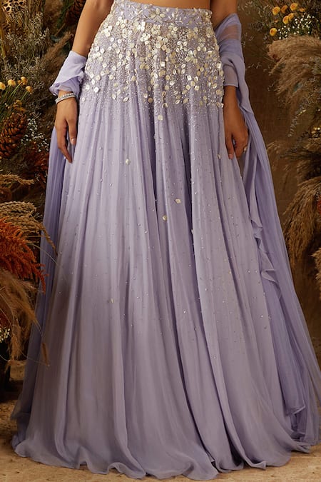 Shloka Khialani_Purple Net, Crepe, Georgette V Neck Embroidered Lehenga Set _Online_at_Aza_Fashions