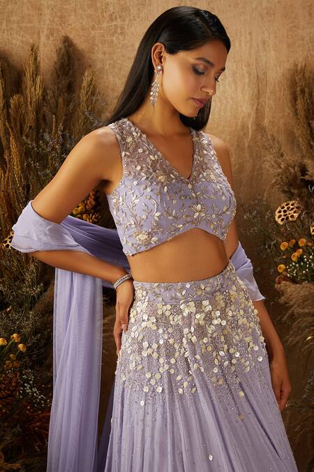 Buy_Shloka Khialani_Purple Net, Crepe, Georgette V Neck Embroidered Lehenga Set _Online_at_Aza_Fashions