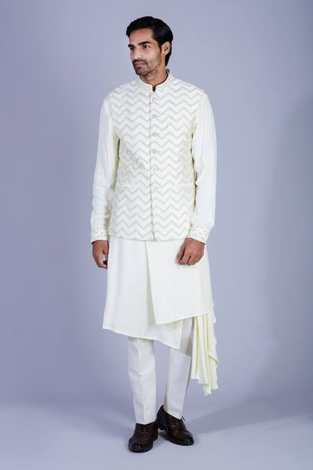 Sarab Khanijou White Raw Silk Embroidered Bundi And Draped Kurta Set Online at Aza Fashions Sarab Khanijou_White Raw Silk Embroidered Bundi And Draped Kurta Set _Online_at_Aza_Fashions