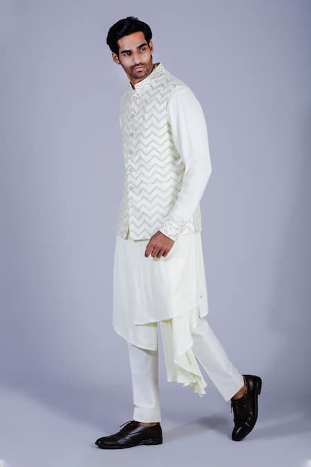 Buy Sarab Khanijou White Raw Silk Embroidered Bundi And Draped Kurta Set Online at Aza Fashions Buy_Sarab Khanijou_White Raw Silk Embroidered Bundi And Draped Kurta Set _Online_at_Aza_Fashions