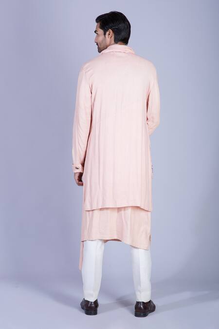 Shop Sarab Khanijou Peach Moss Crepe Draped Kurta Set at Aza Fashions Shop_Sarab Khanijou_Peach Moss Crepe Draped Kurta Set _at_Aza_Fashions