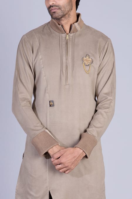 Shop Sarab Khanijou Grey Suede, Suiting Asymmetric Kurta Set Online at Aza Fashions Shop_Sarab Khanijou_Grey Suede, Suiting Asymmetric Kurta Set _Online_at_Aza_Fashions