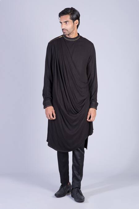 Sarab Khanijou_Black Moss Crepe Draped Kurta Set _Online_at_Aza_Fashions