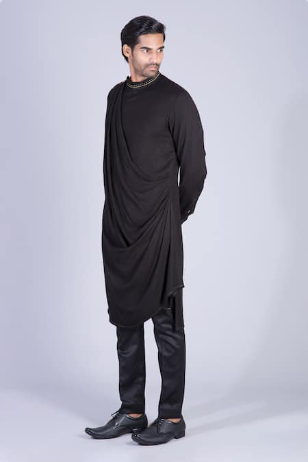 Buy_Sarab Khanijou_Black Moss Crepe Draped Kurta Set _Online_at_Aza_Fashions