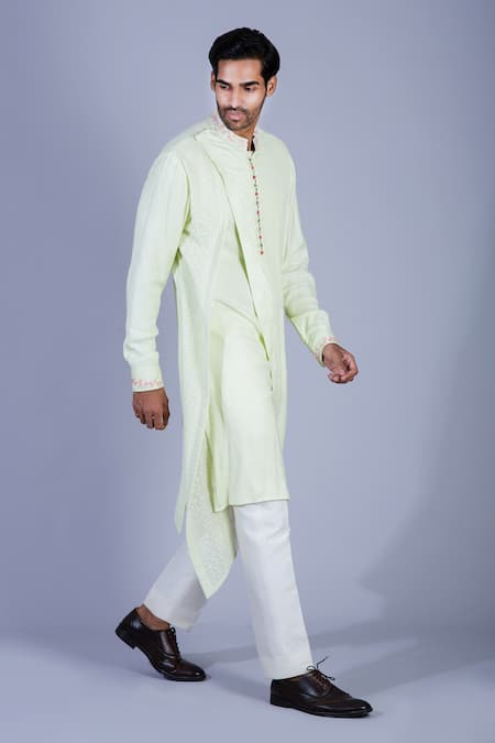 Sarab Khanijou Green Moss Crepe, Suiting Draped Kurta Set Online at Aza Fashions Sarab Khanijou_Green Moss Crepe, Suiting Draped Kurta Set _Online_at_Aza_Fashions
