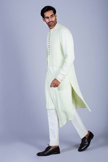 Shop Sarab Khanijou Green Moss Crepe, Suiting Draped Kurta Set Online at Aza Fashions Shop_Sarab Khanijou_Green Moss Crepe, Suiting Draped Kurta Set _Online_at_Aza_Fashions