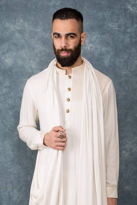 Sarab Khanijou White Moss Crepe, Cotton Silk Draped Kurta Set Online at Aza Fashions Sarab Khanijou_White Moss Crepe, Cotton Silk Draped Kurta Set _Online_at_Aza_Fashions