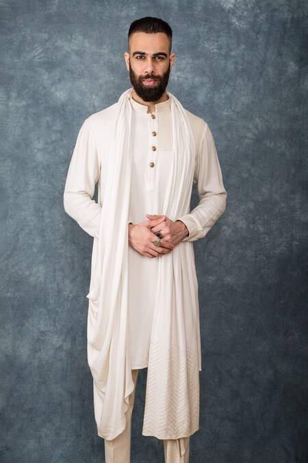 Buy Sarab Khanijou White Moss Crepe, Cotton Silk Draped Kurta Set Online at Aza Fashions Buy_Sarab Khanijou_White Moss Crepe, Cotton Silk Draped Kurta Set _Online_at_Aza_Fashions