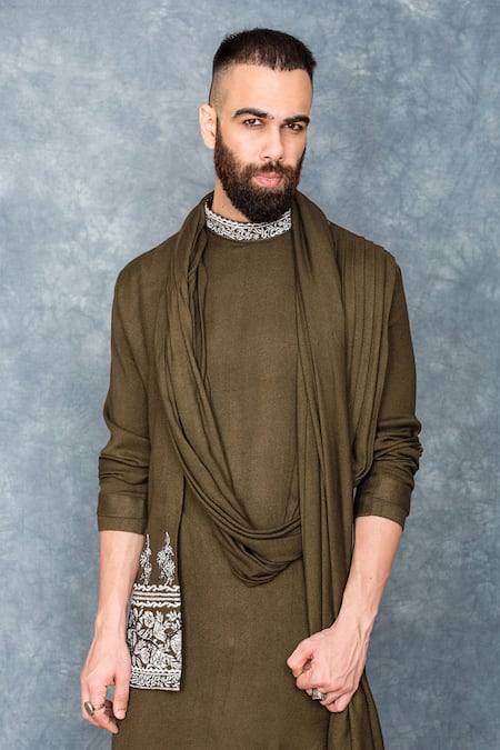 Sarab Khanijou_Green Moss Crepe, Cotton Suiting Draped Kurta Set _Online_at_Aza_Fashions