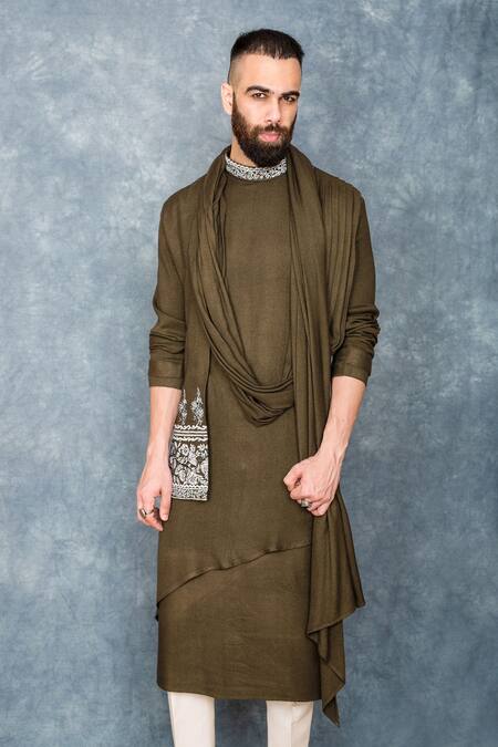 Buy_Sarab Khanijou_Green Moss Crepe, Cotton Suiting Draped Kurta Set _Online_at_Aza_Fashions