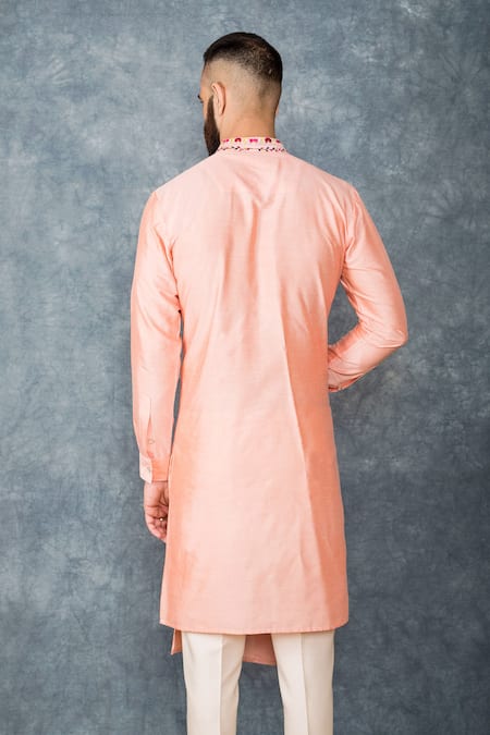 Shop Sarab Khanijou Peach Cotton Silk Draped Kurta Set at Aza Fashions Shop_Sarab Khanijou_Peach Cotton Silk Draped Kurta Set _at_Aza_Fashions
