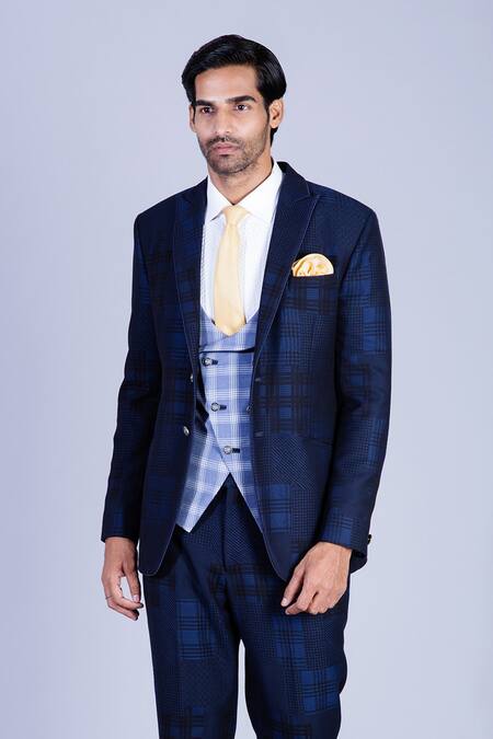 Buy Sarab Khanijou Blue Suiting Checkered And Pant Set Online at Aza Fashions Buy_Sarab Khanijou_Blue Suiting Checkered And Pant Set _Online_at_Aza_Fashions
