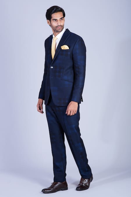 Sarab Khanijou Blue Suiting Checkered And Pant Set Online at Aza Fashions Sarab Khanijou_Blue Suiting Checkered And Pant Set _Online_at_Aza_Fashions