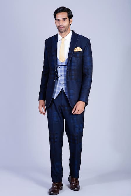 Sarab Khanijou Blue Suiting Checkered And Pant Set 