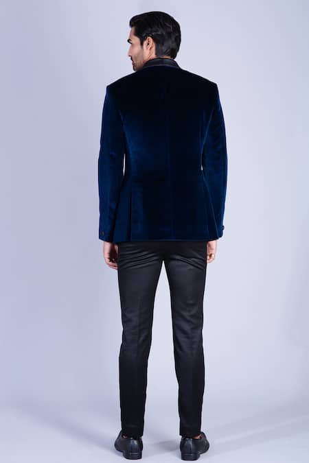 Shop Sarab Khanijou Blue Cotton Velvet Tuxedo And Pant Set at Aza Fashions Shop_Sarab Khanijou_Blue Cotton Velvet Tuxedo And Pant Set _at_Aza_Fashions