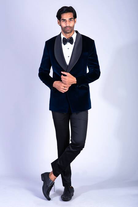 Sarab Khanijou Blue Cotton Velvet Tuxedo And Pant Set Online at Aza Fashions Sarab Khanijou_Blue Cotton Velvet Tuxedo And Pant Set _Online_at_Aza_Fashions