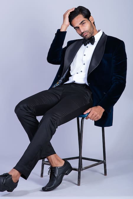 Buy Sarab Khanijou Blue Cotton Velvet Tuxedo And Pant Set Online at Aza Fashions Buy_Sarab Khanijou_Blue Cotton Velvet Tuxedo And Pant Set _Online_at_Aza_Fashions