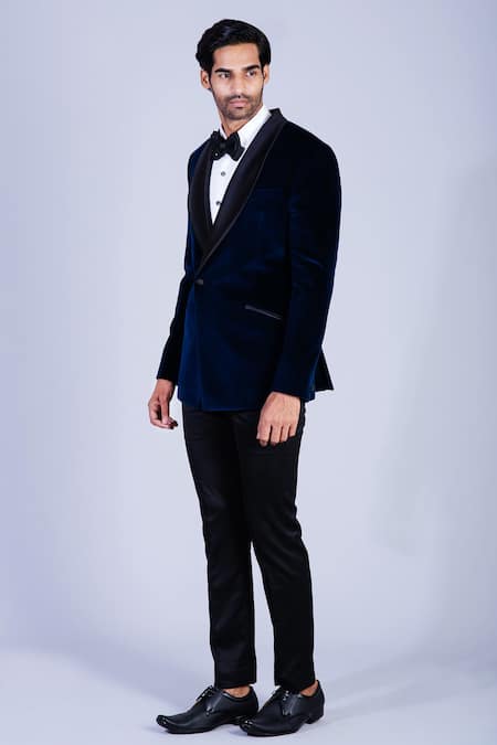 Shop Sarab Khanijou Blue Cotton Velvet Tuxedo And Pant Set Online at Aza Fashions Shop_Sarab Khanijou_Blue Cotton Velvet Tuxedo And Pant Set _Online_at_Aza_Fashions