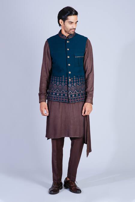 Buy_Sarab Khanijou_Blue Moss Crepe Embroidered Bundi And Draped Kurta Set _Online_at_Aza_Fashions