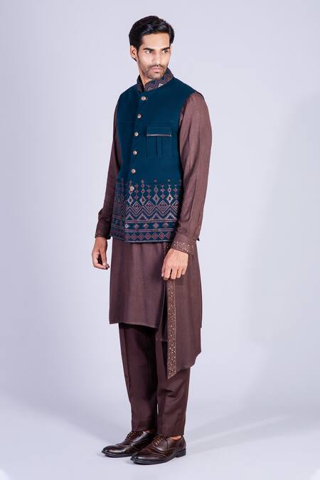 Shop_Sarab Khanijou_Blue Moss Crepe Embroidered Bundi And Draped Kurta Set _Online_at_Aza_Fashions