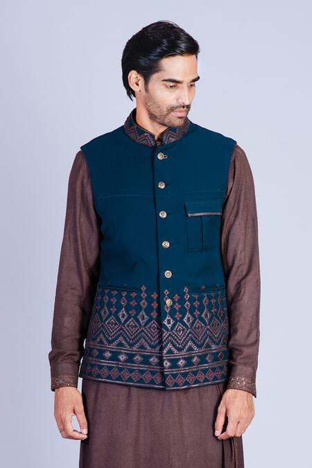 Sarab Khanijou_Blue Moss Crepe Embroidered Bundi And Draped Kurta Set _at_Aza_Fashions