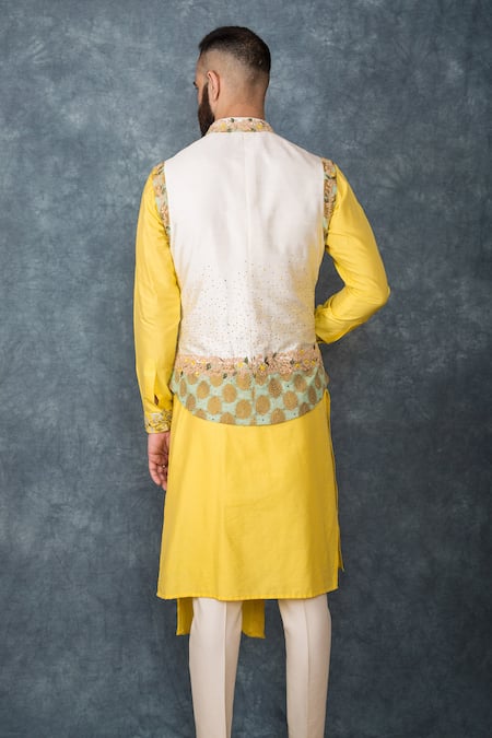 Shop Sarab Khanijou White Cotton Silk Embroidered Bundi And Draped Kurta Set at Aza Fashions Shop_Sarab Khanijou_White Cotton Silk Embroidered Bundi And Draped Kurta Set _at_Aza_Fashions