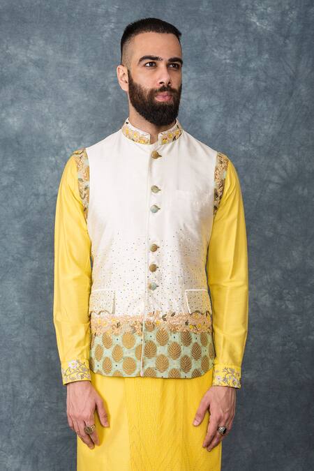 Sarab Khanijou White Cotton Silk Embroidered Bundi And Draped Kurta Set Online at Aza Fashions Sarab Khanijou_White Cotton Silk Embroidered Bundi And Draped Kurta Set _Online_at_Aza_Fashions