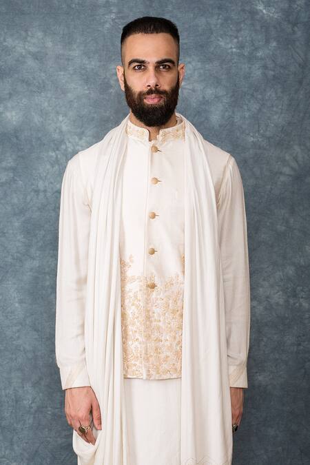 Sarab Khanijou White Cotton Silk Embroidered Bundi And Draped Kurta Set Online at Aza Fashions Sarab Khanijou_White Cotton Silk Embroidered Bundi And Draped Kurta Set _Online_at_Aza_Fashions