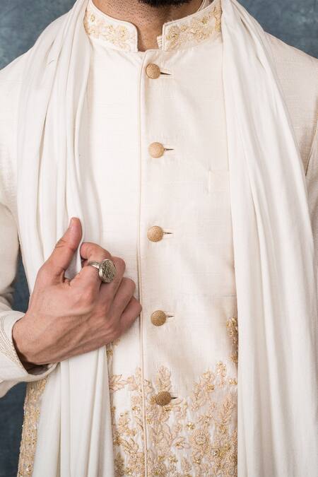 Buy Sarab Khanijou White Cotton Silk Embroidered Bundi And Draped Kurta Set Online at Aza Fashions Buy_Sarab Khanijou_White Cotton Silk Embroidered Bundi And Draped Kurta Set _Online_at_Aza_Fashions