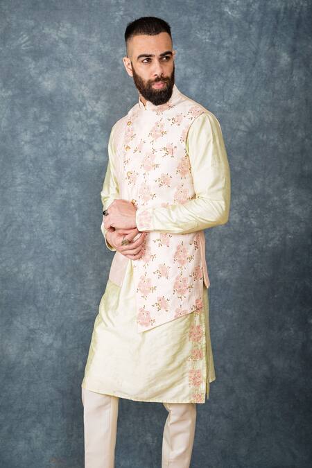 Sarab Khanijou Green Cotton Silk Embroidered Bundi And Kurta Set Online at Aza Fashions Sarab Khanijou_Green Cotton Silk Embroidered Bundi And Kurta Set _Online_at_Aza_Fashions