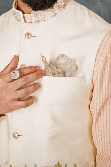 Sarab Khanijou White Cotton Silk Embroidered Bundi And Draped Kurta Set Online at Aza Fashions Sarab Khanijou_White Cotton Silk Embroidered Bundi And Draped Kurta Set _Online_at_Aza_Fashions