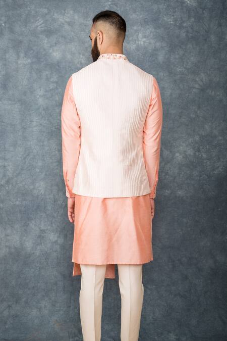 Shop Sarab Khanijou White Raw Silk Embroidered Bundi And Draped Kurta Set at Aza Fashions Shop_Sarab Khanijou_White Raw Silk Embroidered Bundi And Draped Kurta Set _at_Aza_Fashions