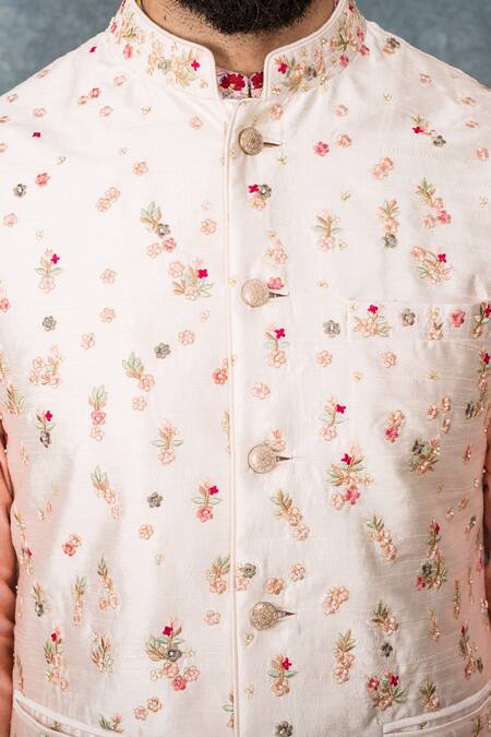 Shop Sarab Khanijou White Raw Silk Embroidered Bundi And Draped Kurta Set Online at Aza Fashions Shop_Sarab Khanijou_White Raw Silk Embroidered Bundi And Draped Kurta Set _Online_at_Aza_Fashions