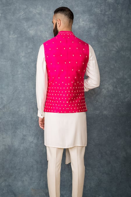 Shop Sarab Khanijou White Raw Silk Embroidered Bundi And Draped Kurta Set at Aza Fashions Shop_Sarab Khanijou_White Raw Silk Embroidered Bundi And Draped Kurta Set _at_Aza_Fashions