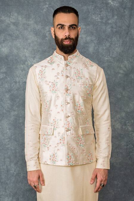 Buy Sarab Khanijou White Raw Silk Embroidered Bundi And Kurta Set Online at Aza Fashions Buy_Sarab Khanijou_White Raw Silk Embroidered Bundi And Kurta Set _Online_at_Aza_Fashions